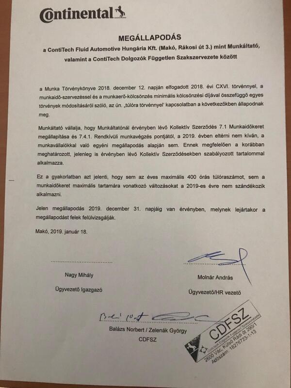 Megállapodást írt alá a Contitech Fluid Automotive Hungaria Kft-nél működő Liga szakszervezet a  
