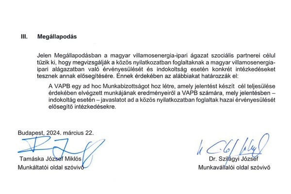 Megállapodás a Villamosenergia-ipari Alágazati Párbeszéd Bizottságban