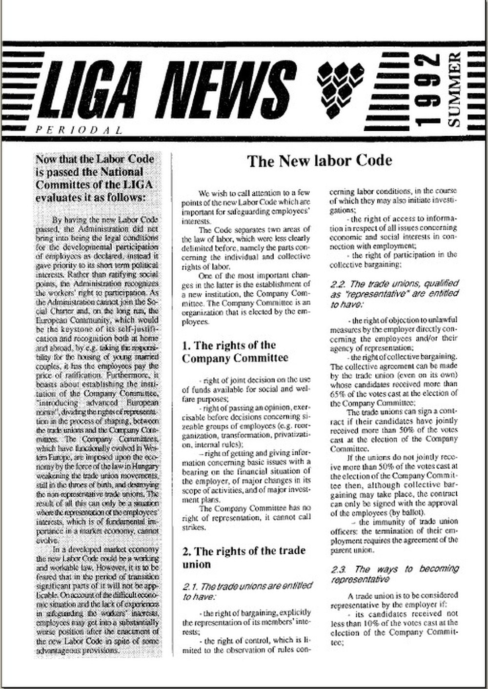 LIGA News 1992. nyár (angol nyelvű)