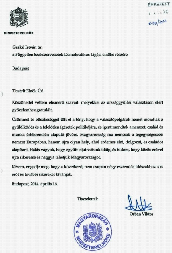 Orbán Viktor miniszterelnök levélben mondott köszönetet Gaskó Istvánnak