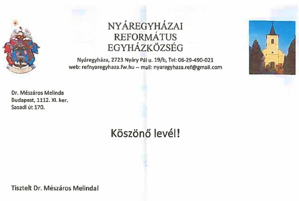 Köszönőlevél Nyáregyházáról